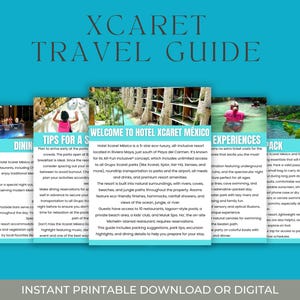 Könnte beinhalten: Ein türkisfarbener Reiseführer mit dem Titel "Xcaret Travel Guide" und dem Text "Sofortiger druckbarer Download oder digital". Der Reiseführer enthält Bilder und Texte zu Restaurants, Tipps, Hotelinformationen, Erlebnissen und einer Packliste.