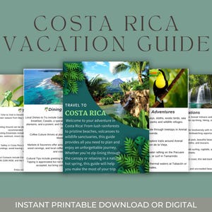 Könnte beinhalten: Ein Costa Rica Reiseführer mit Bildern von Regenwäldern, Stränden und Wildtieren. Der Reiseführer enthält Informationen zu Restaurants, Abenteuern und Sehenswürdigkeiten. Der Text auf dem Reiseführer lautet "Reise nach Costa Rica" und "Sofortiger druckbarer Download oder digital".
