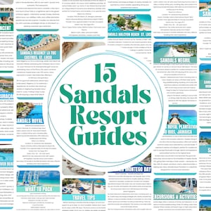 Könnte beinhalten: Eine Broschüre mit dem Titel "15 Sandals Resort Guides" mit Bildern verschiedener Resorts. Die Broschüre zeigt Sandals Resorts in St. Vincent, Curaçao, Barbados, St. Lucia, Negril, Grenada und Jamaika. Sie enthält auch Reisetipps und Informationen.