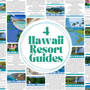 May include: A colorful travel guide featuring four Hawaii resort guides. The central design element is a teal circle with the text "4 Hawaii Resort Guides." Surrounding the circle are images and text about attractions, activities, and travel tips.