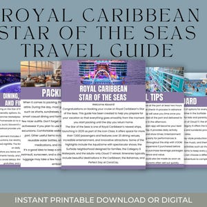 May include: A travel guide titled "Royal Caribbean Star of the Seas" with information on dining, packing, and tips. The guide features images of the cruise ship and destinations, with the text "Instant Printable Download or Digital" at the bottom.