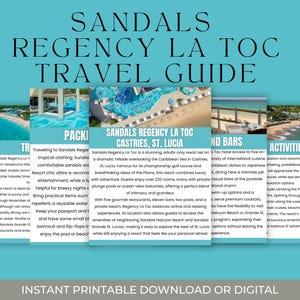 Op de afbeelding: Sandals Regency La Toc Reisgids. Digitale reisgids met afbeeldingen van het resort, zwembaden en het strand. Tekst bevat resortdetails, inpak tips en activiteiten. Direct downloaden.