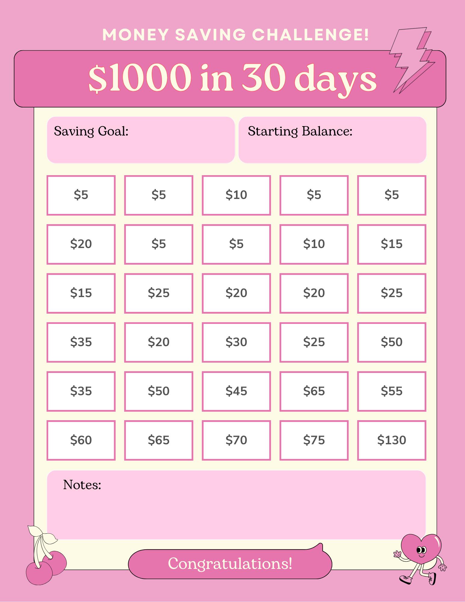 Save 1000 in 30 Days Savings Challenge, Printable PDF File, 1000 ...