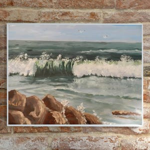 Serene Waves: Original Oil Painting Digital Print, Coastal landscape painting, Fine art print, Neutral ocean painting, Sea Landscape Prints.
