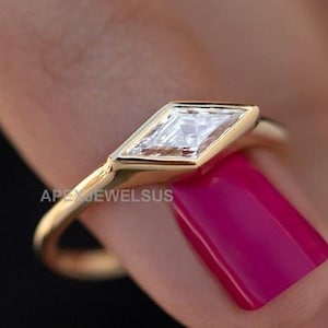 East West Lozenge Cut Moissanite Bezel Set Solitaire Ring 14K Solid Gold Engagement Ring Horizontal Ring Unique Cut Ring For Her Gift Ring