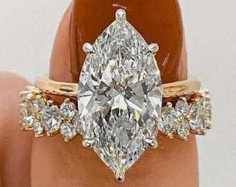 4 CT Marquise Cut Engagement Ring Set, Vintage Moissanite Solitaire Ring Set & Round Full Eternity Band, Wedding Bridal Set Vintage Ring Set