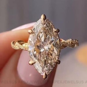 4.5 CT Marquise Cut Moissanite Engagement Ring, 14K Solid Gold, 6 Prong With Hidden Halo Ring, Elongated Marquise, Unique Curved Band Ring