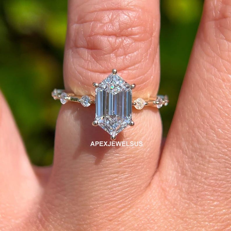 Solitaire Hexagon Cut Distance Pave Engagement Ring Moissanite Wedding ...