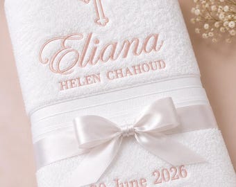 Personalized Baptism Towel, Embroidered Cross, Custom Name Date Keepsake