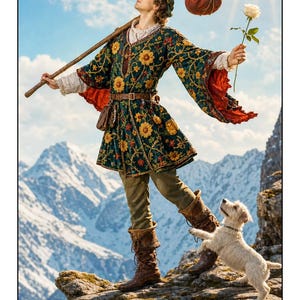 Puede incluir: Una carta de tarot titulada THE FOOL con el número 0, que muestra a una persona con una túnica verde oscuro con patrones florales amarillos, sosteniendo un bastón de madera con un hatillo rojo y una rosa blanca, junto a un perro blanco.