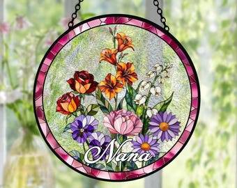 Birth Flower Suncatcher, Grandma's Garden Stained Glass Suncatcher, Mother's Day Gifts, Gifts from Grandkids, Window Hanging, Home Decor