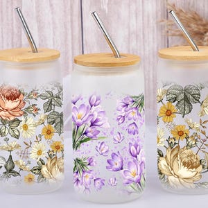 Personalized Floral Coffee Glass Cup with Lid and Straw