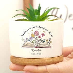 Gepersonaliseerde bloempot voor leraar, cadeau voor leraar, bedankt dat je me hebt geholpen groeien, boek- en potloodplanter, cadeau leraar waardering cadeau