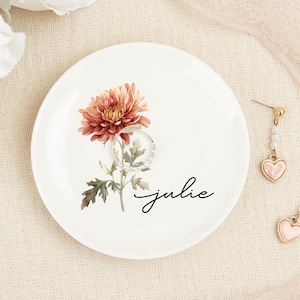 Birthday Jewelry Dish Gift for Friend, Personalised Birth Flower Trinket Dish, Watercolor Flower Ring Dish, Wedding Bridesmaid Gift