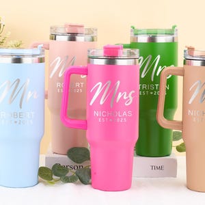 Personalized Mr and Mrs 40oz Tumbler with Handle & Straw, Bride and Groom Travel Mug, Engagement Gift, Wedding Party, Honeymoon Present