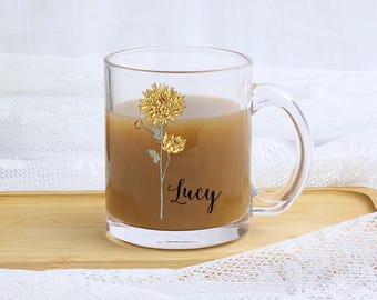 Custom Name Mug, Birth Flower Bridesmaid Gift, Clear Glass Mug