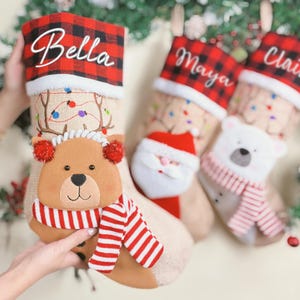 Personalized Embroidered Christmas Stocking: 3D Plaid & Linen Holiday Decor