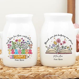 Personalized Flower Vase For Teacher, Gift for Teacher, Thank You For Helping Me Grow, Book and pencil Planter, Teacher Appreciation Gift