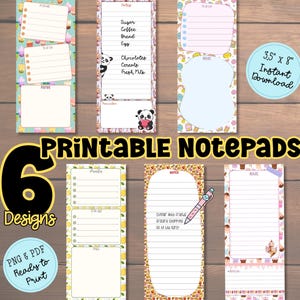 May include: Six printable notepads with different designs. Each notepad has lined sections for notes, to-do lists, and reminders. The notepads are 8.9 cm x 20.3 cm and feature panda bears, desserts, and fruit themes.