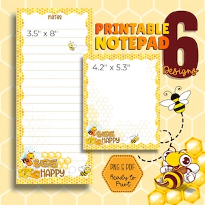 Puede incluir: Juego de blocs de notas imprimibles con seis diseños. Los blocs de notas presentan un borde de panal amarillo e ilustraciones de abejas. Un bloc de notas mide 8,9 cm x 20,3 cm y el otro 10,7 cm x 13,5 cm. El texto incluye "notes" y "BEE HAPPY".