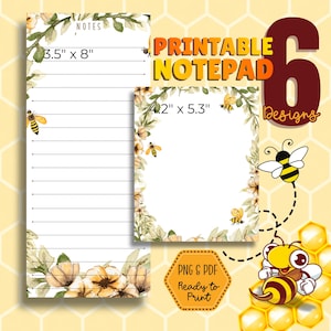Puede incluir: Bloc de notas imprimible con seis diseños. El bloc de notas presenta un tema de abeja con acentos florales y el texto "Printable Notepad". Un bloc de notas mide 8,9 cm x 20,3 cm y el otro 10,7 cm x 13,5 cm. La imagen también incluye una abeja de dibujos animados.