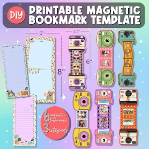 May include: Printable magnetic bookmark template with camera designs and notepads. The bookmarks are 20 cm long and 6.35 cm wide. The notepads are 7.6 cm wide. The image includes the text "DIY PRINTABLE MAGNETIC BOOKMARK TEMPLATE".