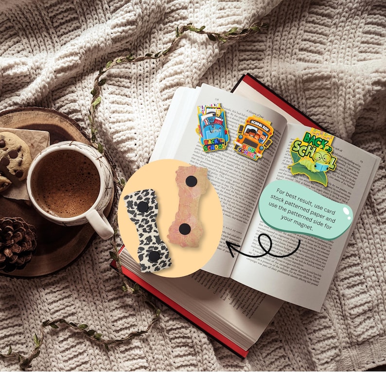 May include: An open book with red edges displays colorful "Back to School" magnets and a text bubble. Two decorative magnets are shown in a circle, one with a black and white pattern and the other with a pinkish hue. A cup of coffee and cookies are on a wooden tray.