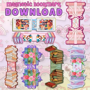 May include: A selection of magnetic bookmarks with diverse designs. The bookmarks depict stacks of books, floral arrangements, and cartoon illustrations. The text "magnetic bookmark DOWNLOAD" is in purple. The background has a pink and white pattern.