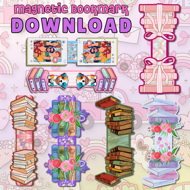 May include: A selection of magnetic bookmarks with diverse designs. The bookmarks depict stacks of books, floral arrangements, and cartoon illustrations. The text "magnetic bookmark DOWNLOAD" is in purple. The background has a pink and white pattern.