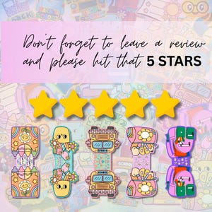 May include: A collection of colorful, back-to-school themed stickers. The stickers feature designs of flowers, school buses, and backpacks. The image also includes five yellow stars and the text "Don't forget to leave a review and please hit that 5 STARS."