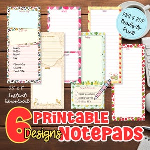 May include: A collection of six printable notepad designs. The notepads feature various layouts, including shopping lists and note sections, with decorative borders of strawberries, lemons, and hearts. The notepads measure 3.5" x 8" and are available for instant download.
