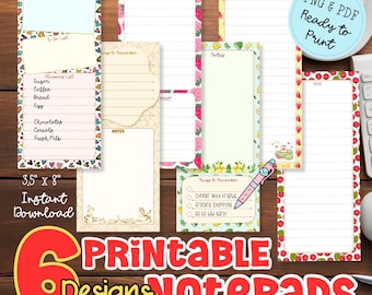 Print & Write! 6 Adorable Notepad: PNG and PDF Printable Designs (3.5" x 8"), Digital Download