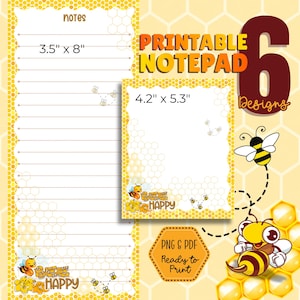 Può includere: Un set di sei design di blocchi per appunti stampabili con bordo a nido d'ape giallo, illustrazioni di api e il testo "BEE HAPPY". I fogli misurano 8,9 cm x 20,3 cm e 10,7 cm x 13,5 cm. Sono inclusi i formati di file PNG e PDF.