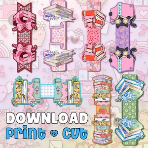 May include: A selection of illustrated bookmarks with book, gift, and cat designs. The bookmarks have patterned and solid backgrounds. The text "DOWNLOAD Print & Cut" is visible at the bottom of the image. The overall theme is reading.