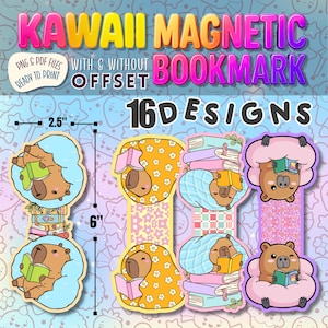 Peut inclure: Marque-pages magnétiques Kawaii avec 16 modèles. Chaque marque-page représente un capybara de dessin animé lisant un livre. Les marque-pages mesurent environ 6,35 cm de large et 15,24 cm de haut. Le texte sur l'image dit "KAWAII MAGNETIC BOOKMARK".