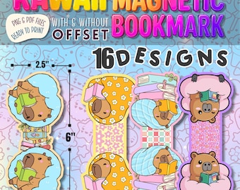 Kawaii Magnetic Bookmark Bundle – 16 Cute Designs | With & Without Offset | PNG and PDF | 2.5”x6” Printable Bookmarks