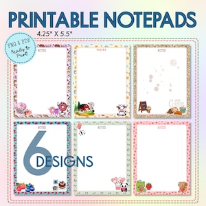 Peut inclure: Bloc-notes imprimables avec six designs différents, chacun mesurant 10,8 x 14 cm. Les blocs-notes présentent des bordures colorées et des illustrations de beignets, d'une ferme, de café et d'animaux. Le texte "Printable Notepads" est en haut.