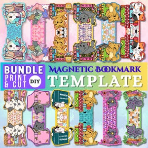 Puede incluir: Una colección de coloridos marcadores magnéticos con gatos de dibujos animados y libros, con el texto "BUNDLE PRINT & CUT DIY MAGNETIC BOOKMARK TEMPLATE". Los marcadores tienen varios diseños y colores.