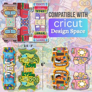 May include: Colorful back-to-school themed die-cut designs. Includes school buses, backpacks, notebooks, and the text "Back to School". The designs are approximately 6 inches tall and 2.5-3 inches wide. Compatible with Cricut Design Space.