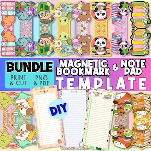 May include: A collection of printable magnetic bookmarks and note pads. The bookmarks feature cute animal illustrations, and the note pads include "To Do List", "Notes", and "Grocery List" templates. The word "BUNDLE" is displayed in large text.