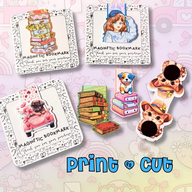 May include: A selection of magnetic bookmarks with diverse designs. The collection includes a stack of books, an anime character, a pug in a car, a puppy on books, and two cat designs. Each bookmark has a decorative border and the text "MAGNETIC BOOKMARK".
