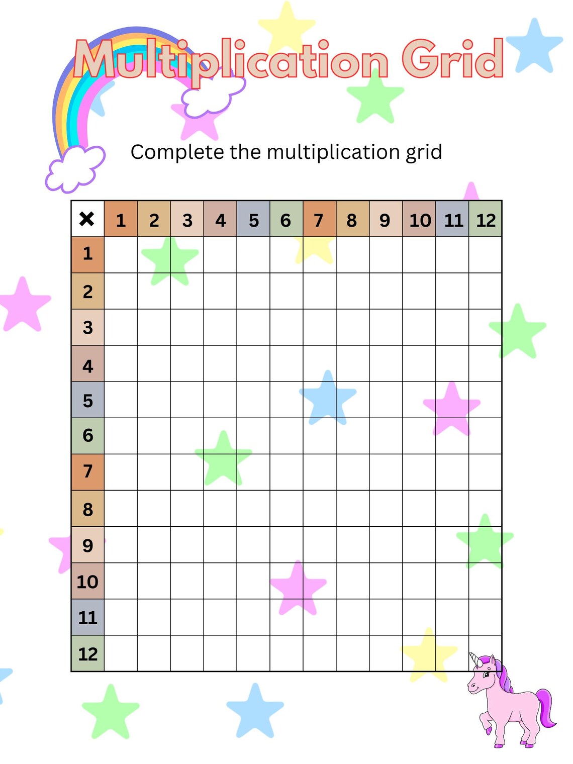 Rainbow and Unicorn - Printable Multiplication Grid Poster - Etsy
