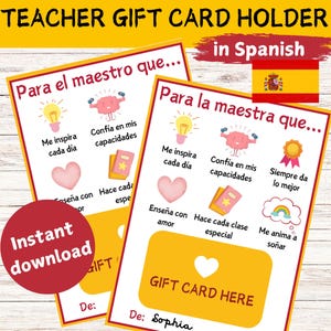 Spanish Teacher Gift Card Holder, Printable gift for Spanish Teachers, Gracias Maestra, Teacher Appreciation Gift Card Holder