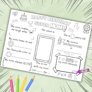 Happy Birthday Super Mom Kleurplaat, Happy Birthday Mom Placemat Activiteitsvel, All About Mom invullers, Happy Birthday Mom Card