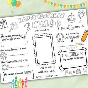 Alles Gute zum Geburtstag Mama Malseite, Alles Gute zum Geburtstag Mama Tischset Aktivitätsblatt, Alles über Mama Fill-In-Blanks, Alles Gute zum Geburtstag Mama Karte