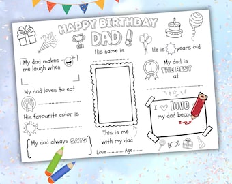 May include: A printable birthday card for a dad with a black and white illustration of a birthday cake, balloons, a trophy, a gift box, and a party hat. The card has fill-in-the-blank sections for the child to write about their dad, including what makes him laugh, what he loves to eat, his favorite color, and what he always says. The card also has a section for the child to draw a picture of themselves with their dad.