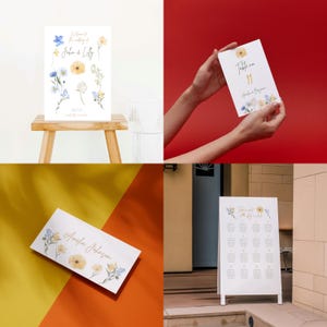 Pacote de modelos de casamento com flores silvestres, placa de boas-vindas boho editável, gráfico de assentos, números de mesa, cartões de lugar, recepção de casamento floral, Canva