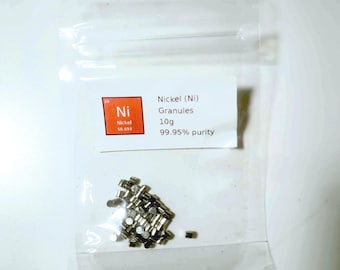 Níquel puro, elemento 28, pureza del 99,95 %. Bolsas etiquetadas, 10 g o más.
