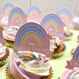 Rainbow Cupcake and Cake Toppers. Personalise with age and name. Perfect for birthdays, themed party decorations, baking and desserts.