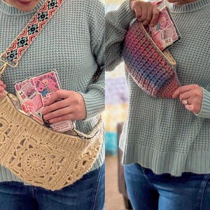 May include: Two people wearing blue jeans and light blue jumpers are shown wearing crocheted bags. The bag on the left is a light brown crocheted shoulder bag with a colourful strap. The bag on the right is a rainbow crocheted fanny pack.